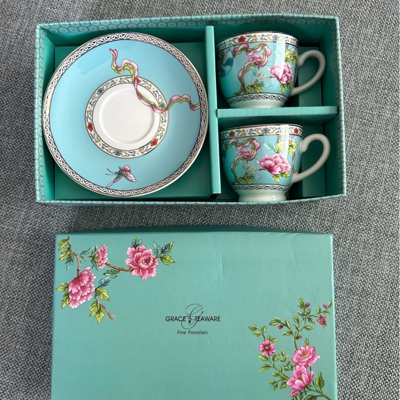 New Grace's Teaware Set of 2 Fine Porcelain Espresso Cups & Saucers - Picture 8 of 11
